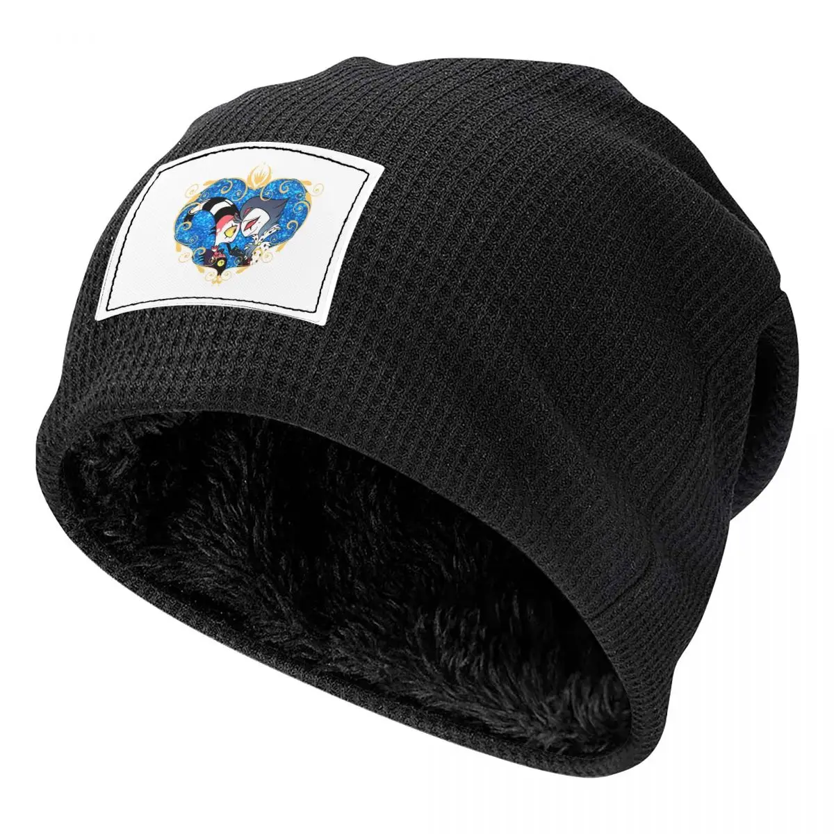Helluva Boss Stolas And Blitzo Heart Frame Waffle Knit Fleece Lined Beanie with PU Leather Patch Unisex Warm Winter Soft Cap