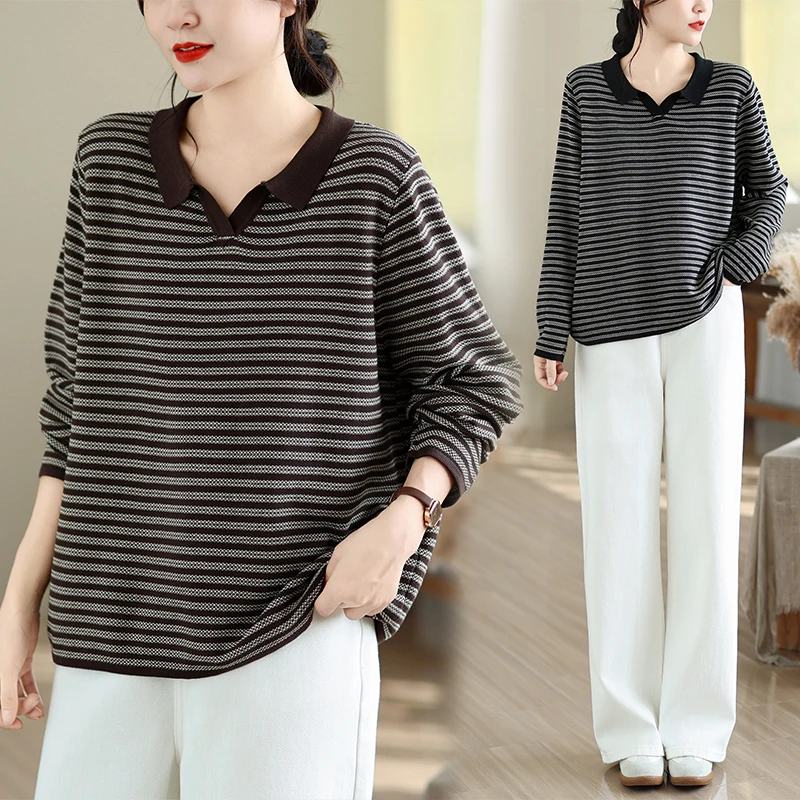YZJNH 2026 autumn new sweater women's lapel striped long sleeved knitted sweater top Korean version loose plus size sweater wome