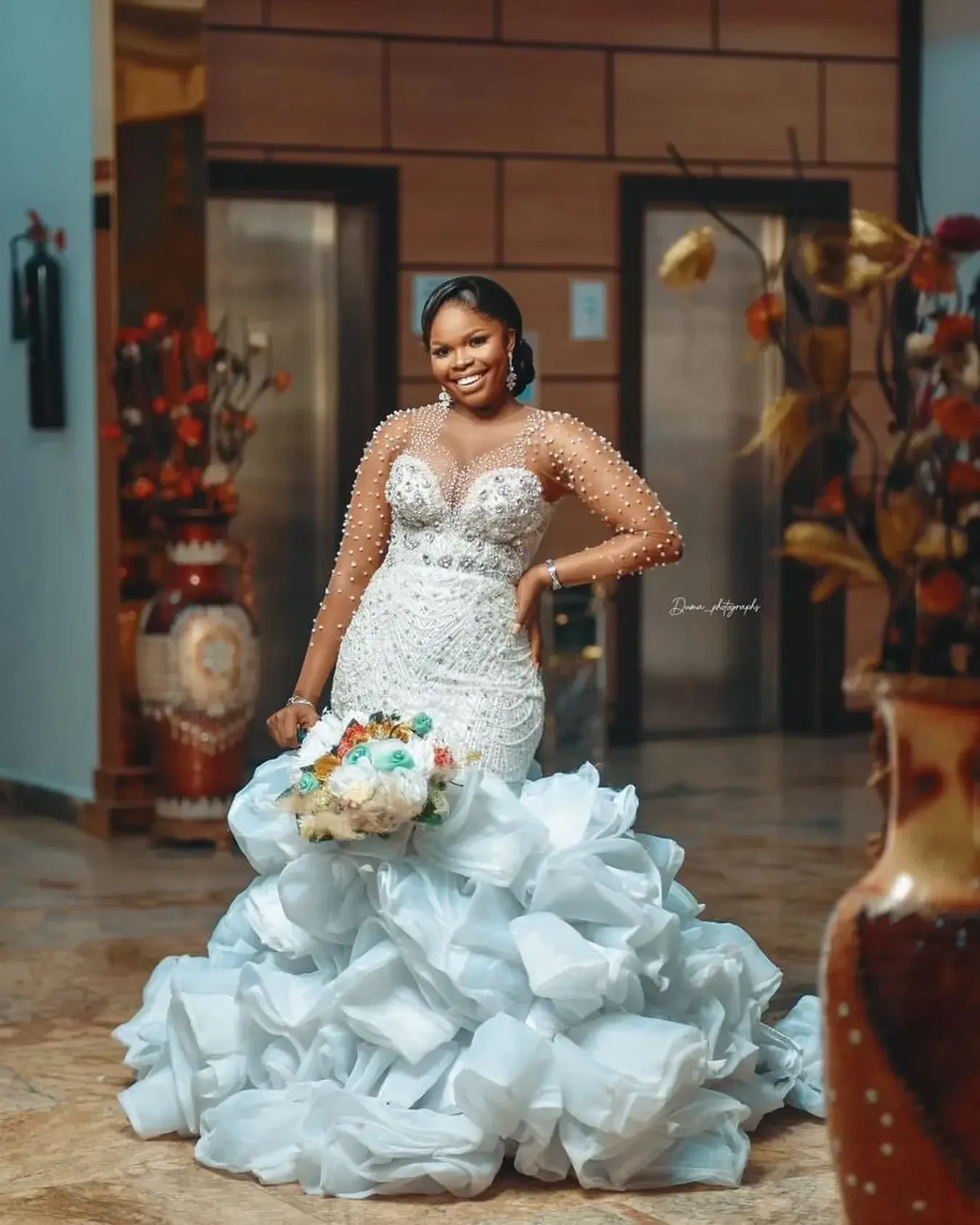 

Индивидуальные свадебные платья в арабском стиле с длинными рукавами, больших размеров, цвета слоновой кости, фасон «русалка», с кристаллами и жемчугом