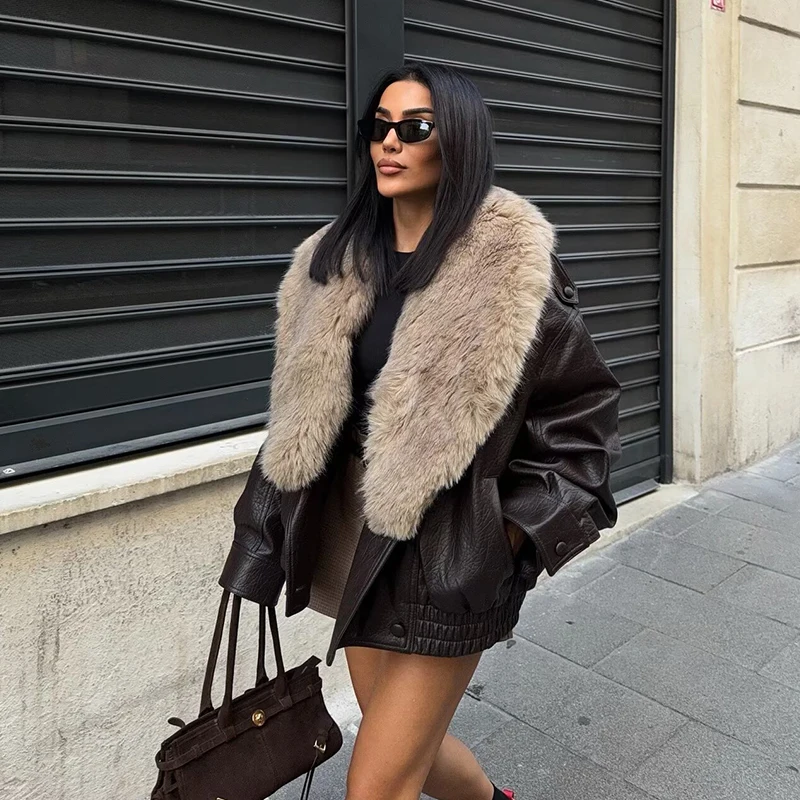 

Women's Jacket Coats Winter Fashion Faux Leather Big Fur Collar Loose Coats Vintage Female Outerwear Chic Tops