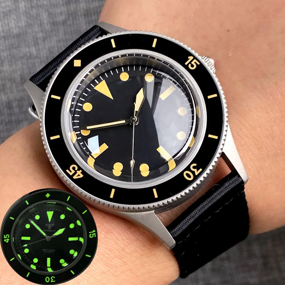 

Tandorio Super Lume Bezel Mark 50 FATHOMS Vintage Mechanical Diver Watch Men NH35A Domed Sapphire 200M Waterproof Sandblast Case