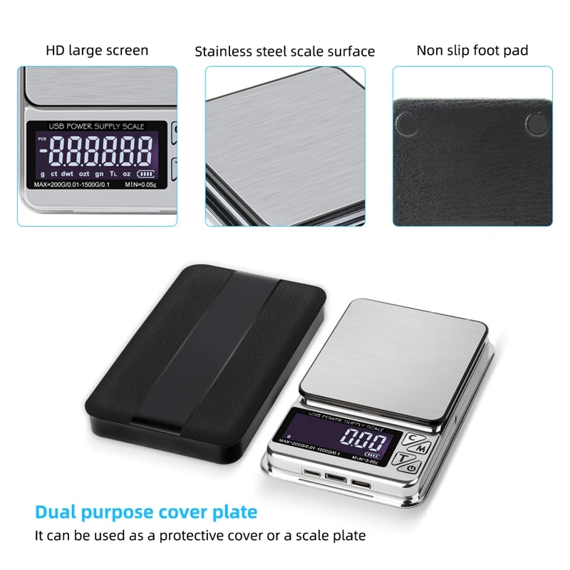 1 Piece High Precision Jewelry Scale 1000GX0.01G Digital LCD Count Electronic Scale Stainless Pocket Kitchen Scales USB Charge