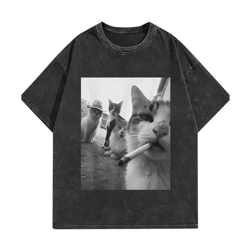 

Men's trendy smoking cat with fun meme pattern printed pure cotton short-sleeved T-shirt, high-quality washable streetwear