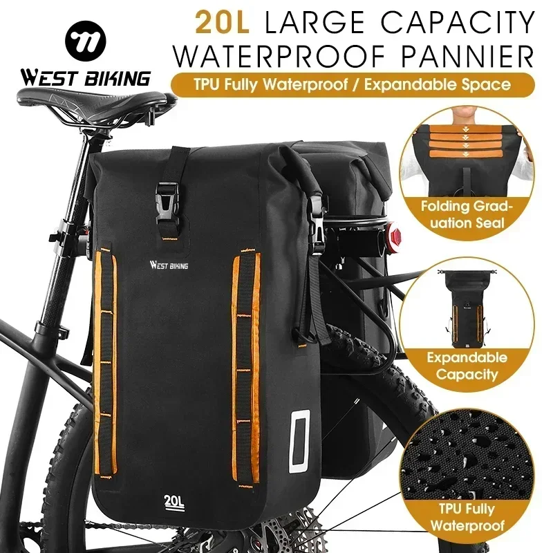 

WEST BIKING Expandable Fully Waterproof TPU Bicycle Bag Foldable 15-20L Pannier Bike Rear Carrier Bag MTB Accessories Hand Bags