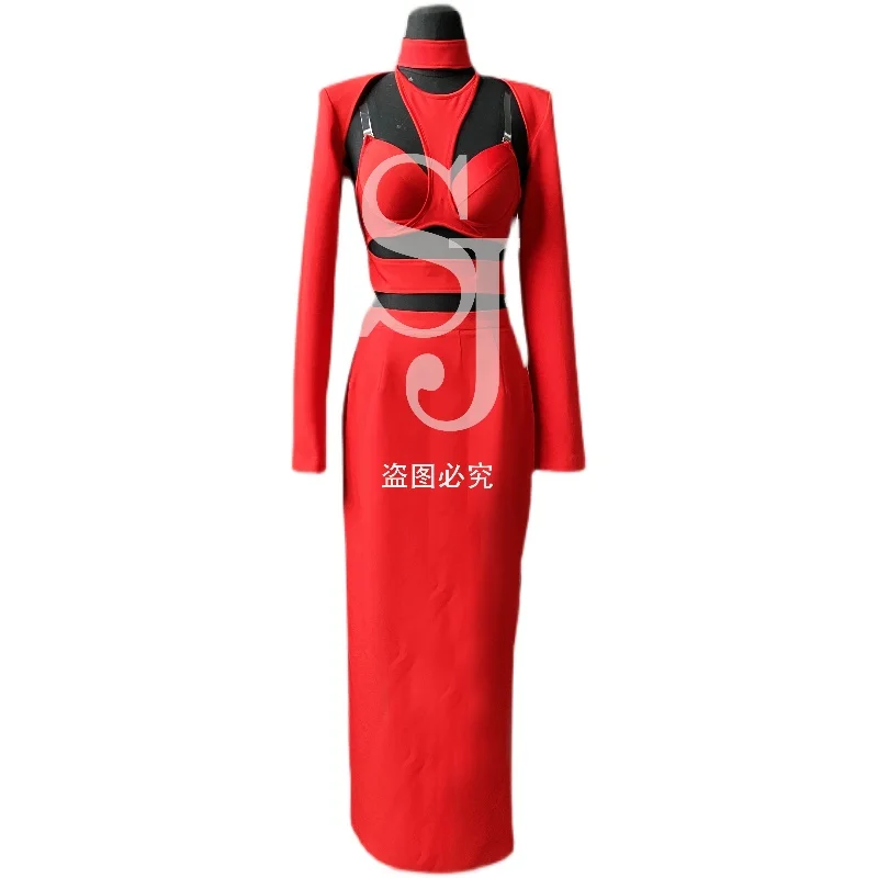 Robe rouge de chanteur pour femmes, longue robe de soirée personnalisée pour spectacle d'affaires, bar