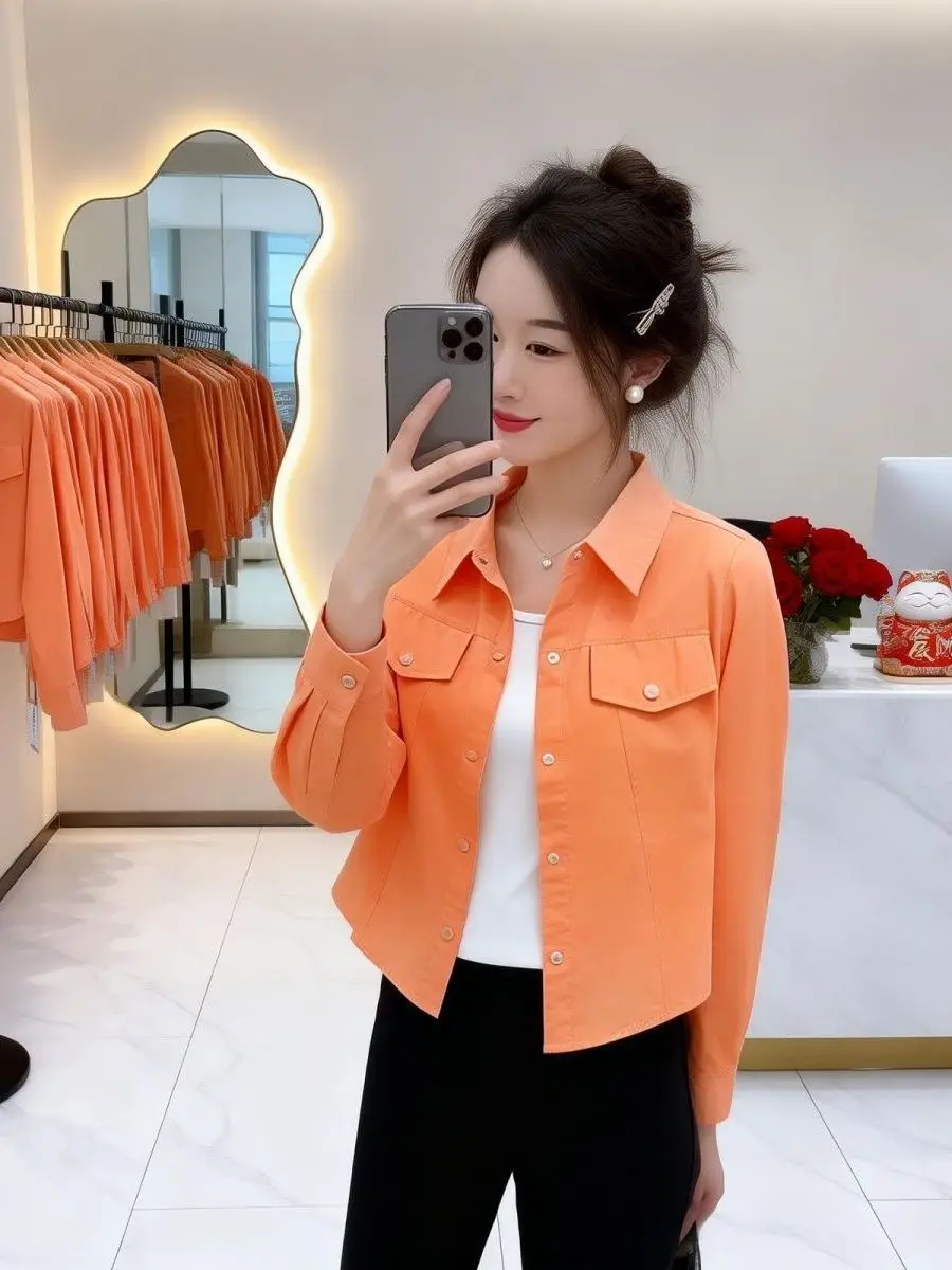 

Slim Fit Short Jacket Casual Style Fashionable Spring New Arrival Women's Shirt Top Polyester Fiber Long Sleeve Button Closure