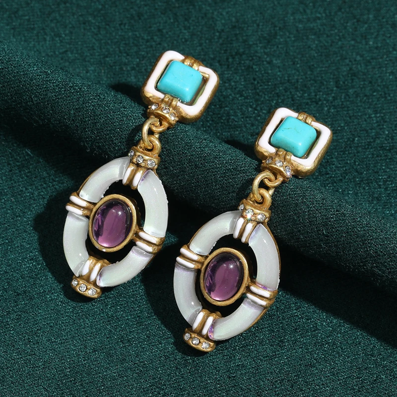 

Turquoise Drop Earrings Vintage Purple Glaze Inlay Large Hollow Round White Enamel Designer Jewelry Female Picnic Charm 2026 New