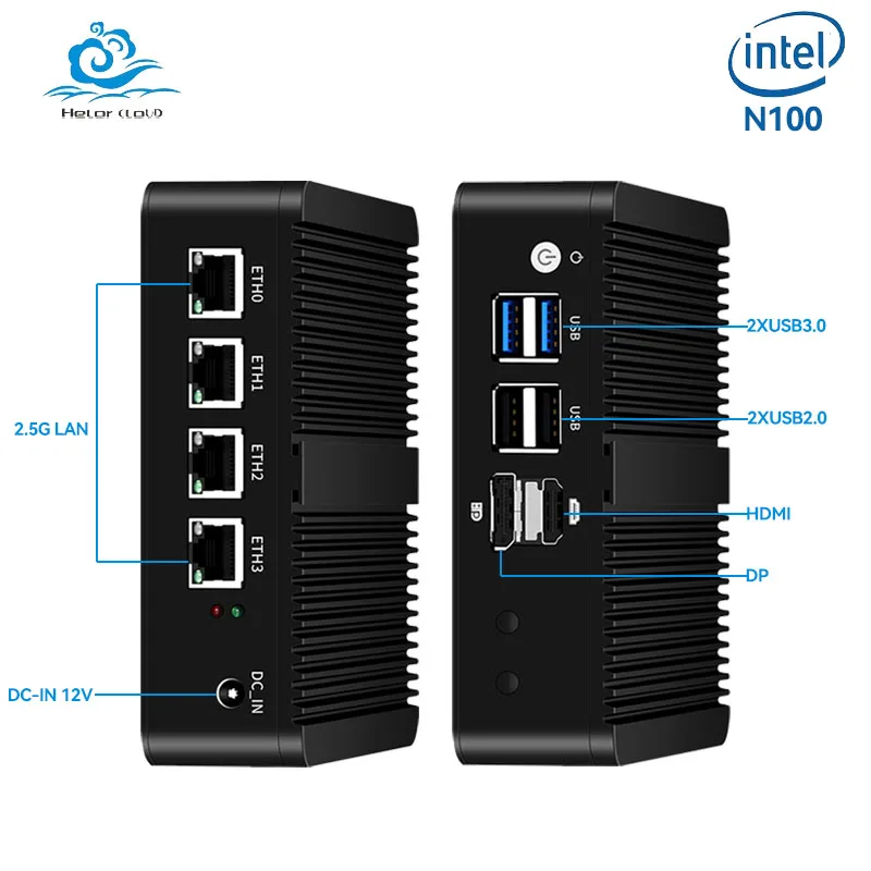 Intel N100/N150 Fanless Mini PC DDR5 M.2 NVME Support WiFi 4G LTE Linux Computer with 4x2.5G LAN 2xUSB3.0 2xUSB2.0 1xHDMI 1xDP