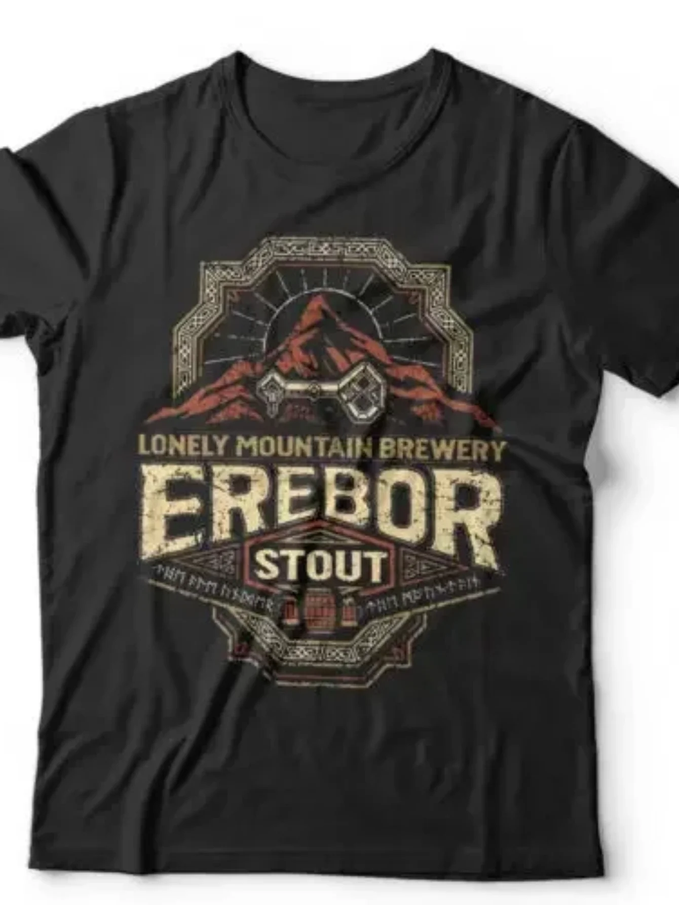 Erebora Strong Beer Loop Mock T-shirt - Gushan Brewery Retro Beer Logo and Dwarf Pattern - Fantasy Theme Clothing