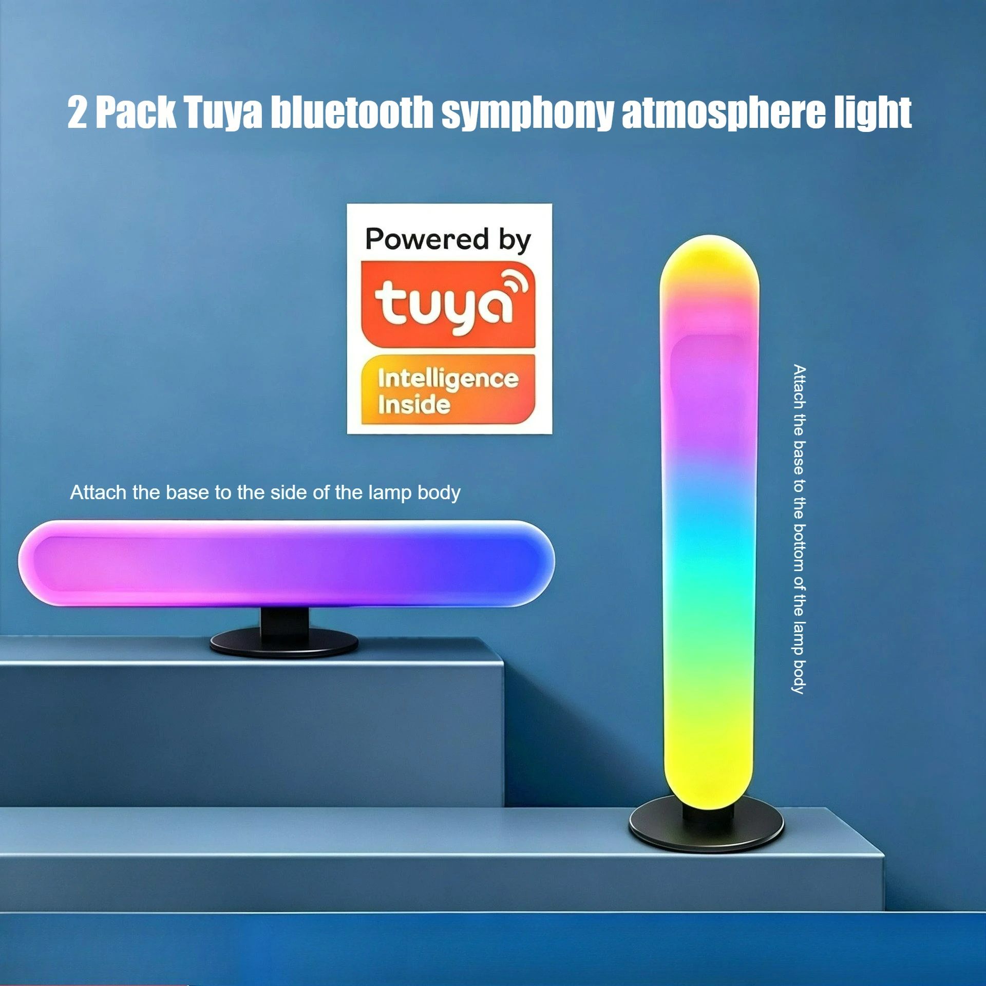 2 Pack Tuya Bluetooth RGBIC Ambient Light, Music Sync Pickup LED Desk Lamp, Gaming Room Desktop Night Light with Remote Control