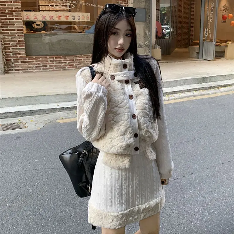 

Hot Sweet Girls Two Piece Skirt Sets Patchwork Design Stand Neck Long Sleeve Tops Jacket + High Waist A Line Mini Skirt Outfits