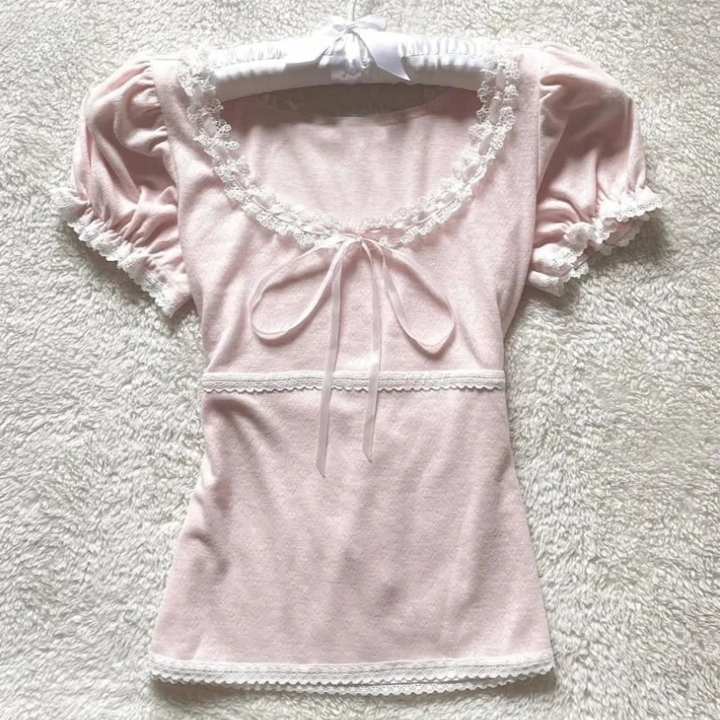 Deeptown Coquette Sweet T-shirts Women Pink Kawaii Bow Elegant Short Sleeve Tees Korean Fashion Lace Patchwork Slim T-Shirts image 4