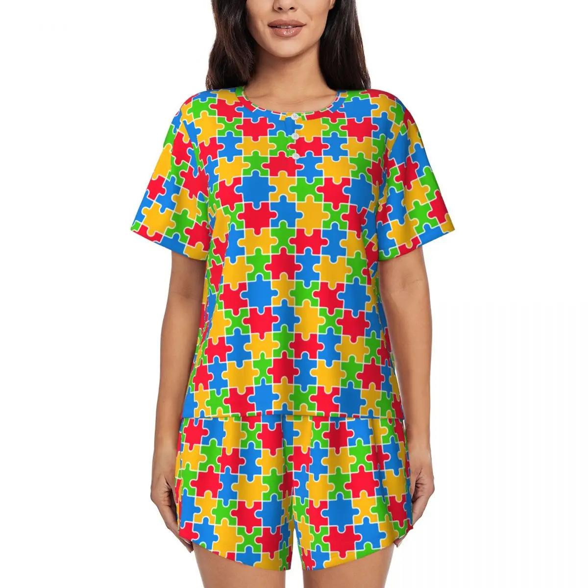 Custom Print Women Colorful Puzzle Autism Awareness Pajamas Set Short Sleeve 2 Piece Sleepwear Pjs Lounge Sets