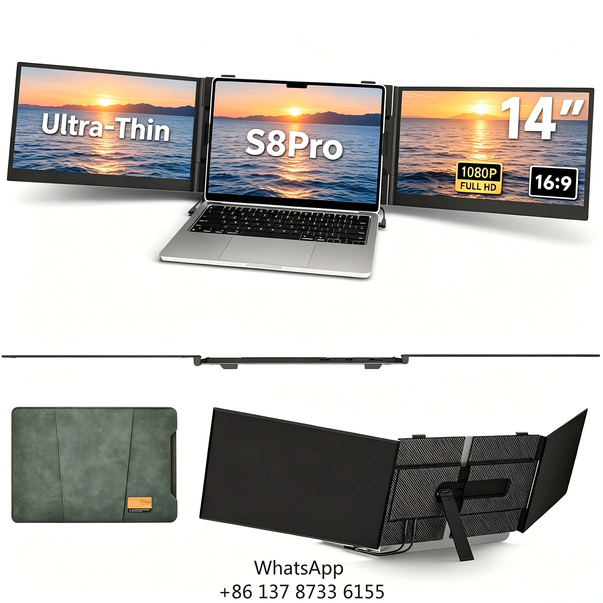 Portable 14 Inch IPS Display Racks External Monitor Camera USB Built-in Adjustable Folding Stand Dual Screen Laptop Productivity