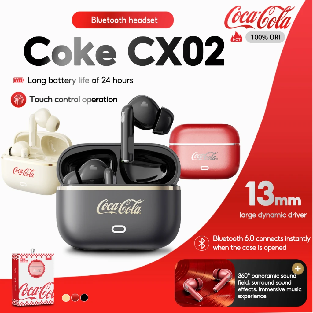 

Наушники Coca-Cola CX02 In Ear Bluetooth с объемным звуком, беспроводные, с микрофоном, для спорта и игр
