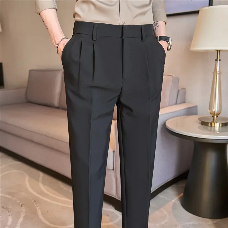 2024 Men Elastic Waist Business Casual Suit Pants Are Fashionable Comfortable Slim Fit Slightly Elastic and High-end Suit Pants