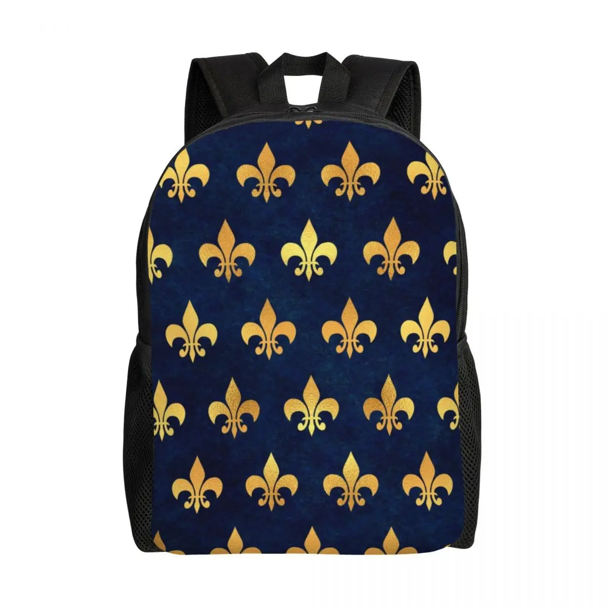 Personalized Royal Gold Blue Grunge Fleur De Lis Backpacks Women Men Basic Bookbag for School College Lily Flower Bags