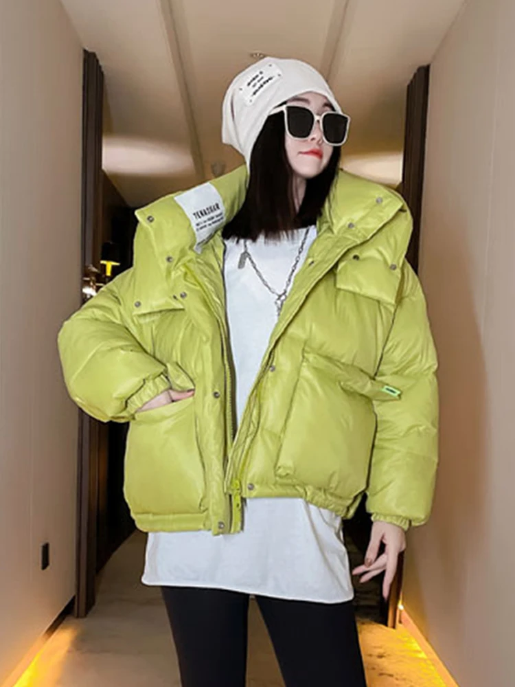 Female Winter Short Hooded Parkas Puffer Bomber Jacket Warm Cotton Padded Coats Stylish Outerwear Oversized Streetwear 2024