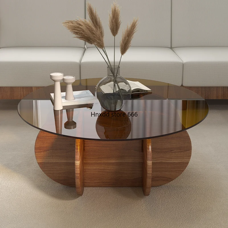 yj Brown round Tea Table Light Luxury Modern Simple Tempered Glass Tea Table Simple Ins Style