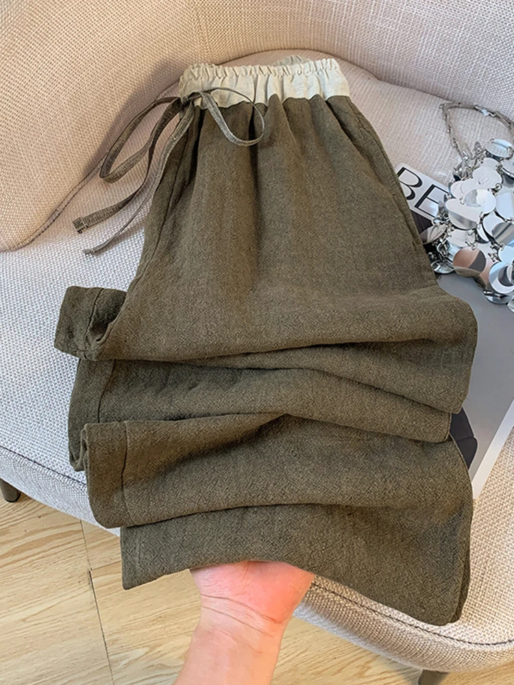 Calças de linho de algodão perna larga feminina cintura alta solta com cinto artístico vintage sle casual calças compridas outono faion