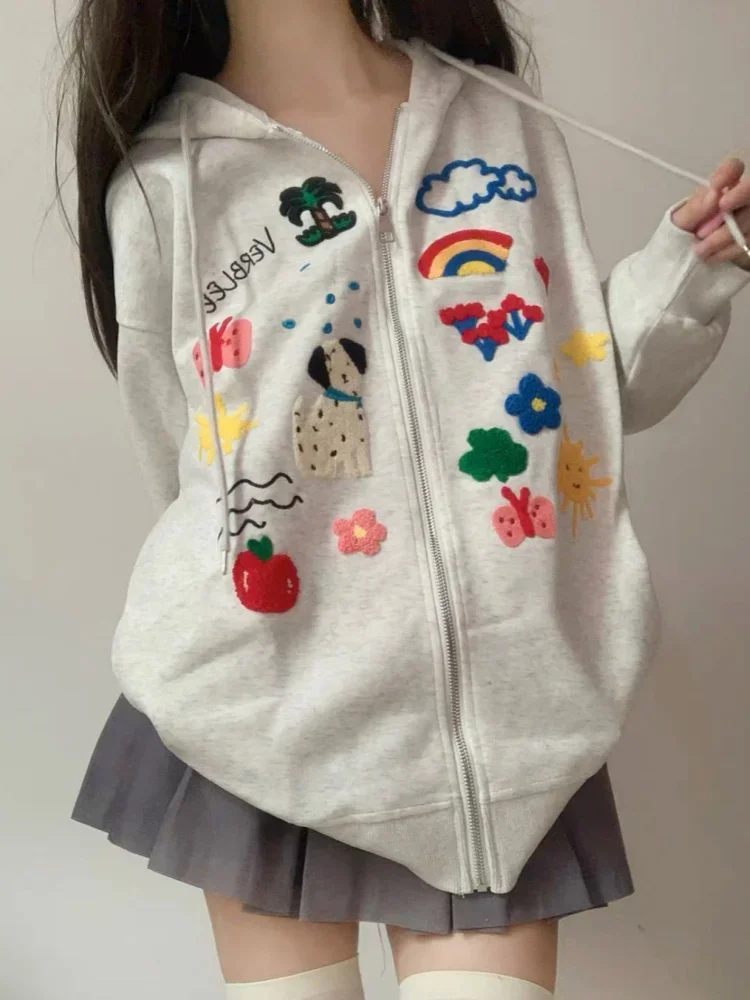 High Quality Chic Cartoon Embroidery Hoodies Jacket Japanese College Teenage Kawaii Y2K Sweatshirt Coats Zipper Loose Oversized