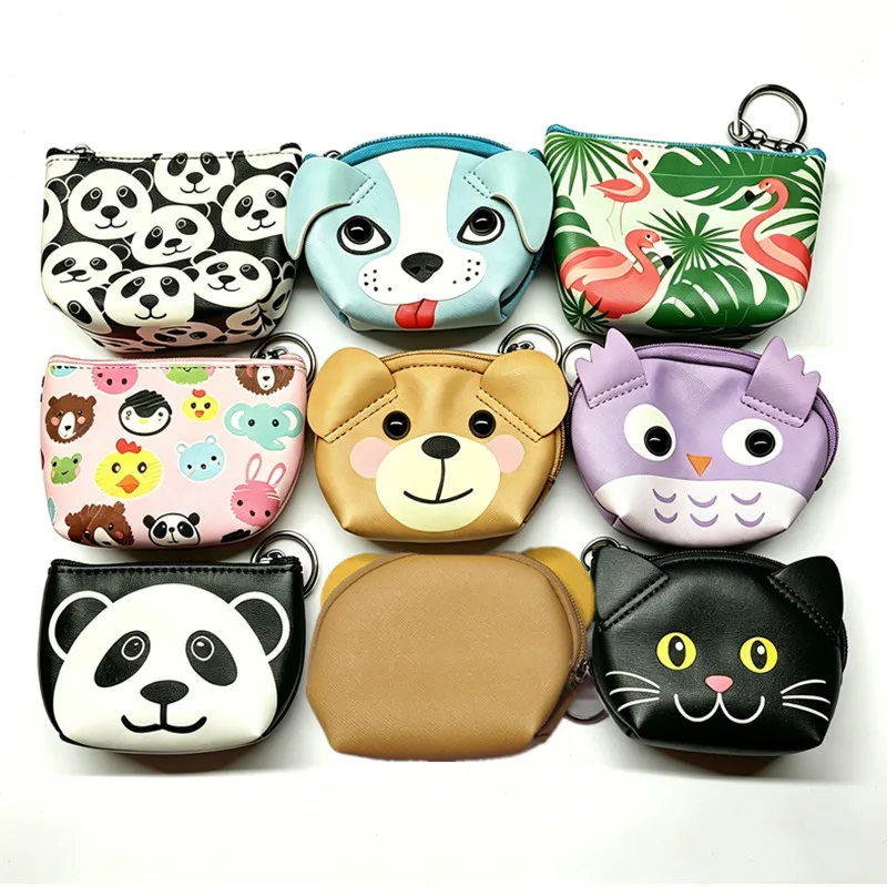 Cute Animal Pattern Key Earphone Cable Bag Cartoon Panda Flamingo Cat Dog Style Mini Wallet PU Leather Coin Purses With Keychain