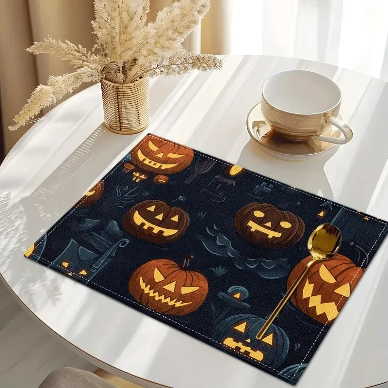 Halloween Placemat Horror Castle Ghost Face Printed Linen Halloween Decor Dining Table Decorative Pad Heat-Resistant