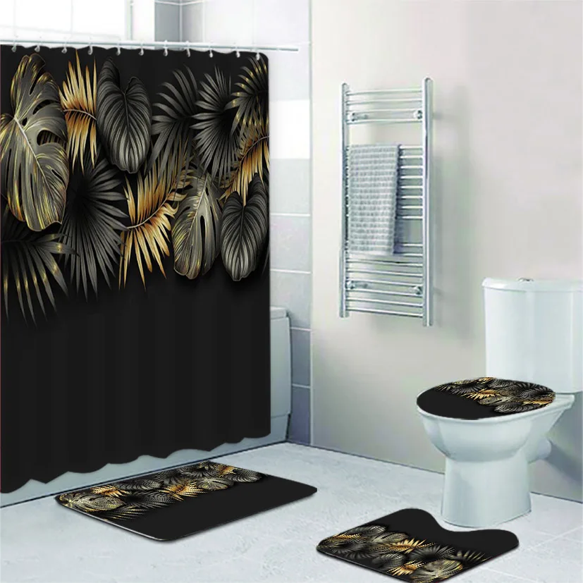 

Tropical Leaves Shower Curtain Sets Black Gold Monstera Palm Leaf Plants Bathroom Decor Non-Slip Rug Bath Mats Toilet Lid Cover