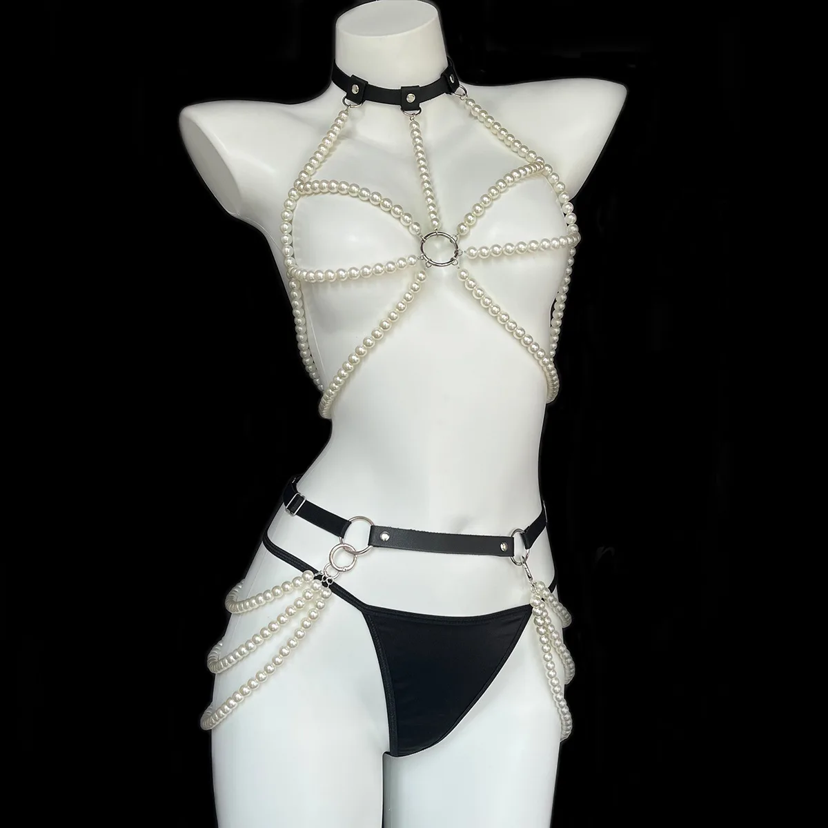 

Fashion Womens Sexy Body Bondage Pearls Halter Top Mini Skirt Harness Masquerade Stage Party Jewelry Accessories Nightclub Party