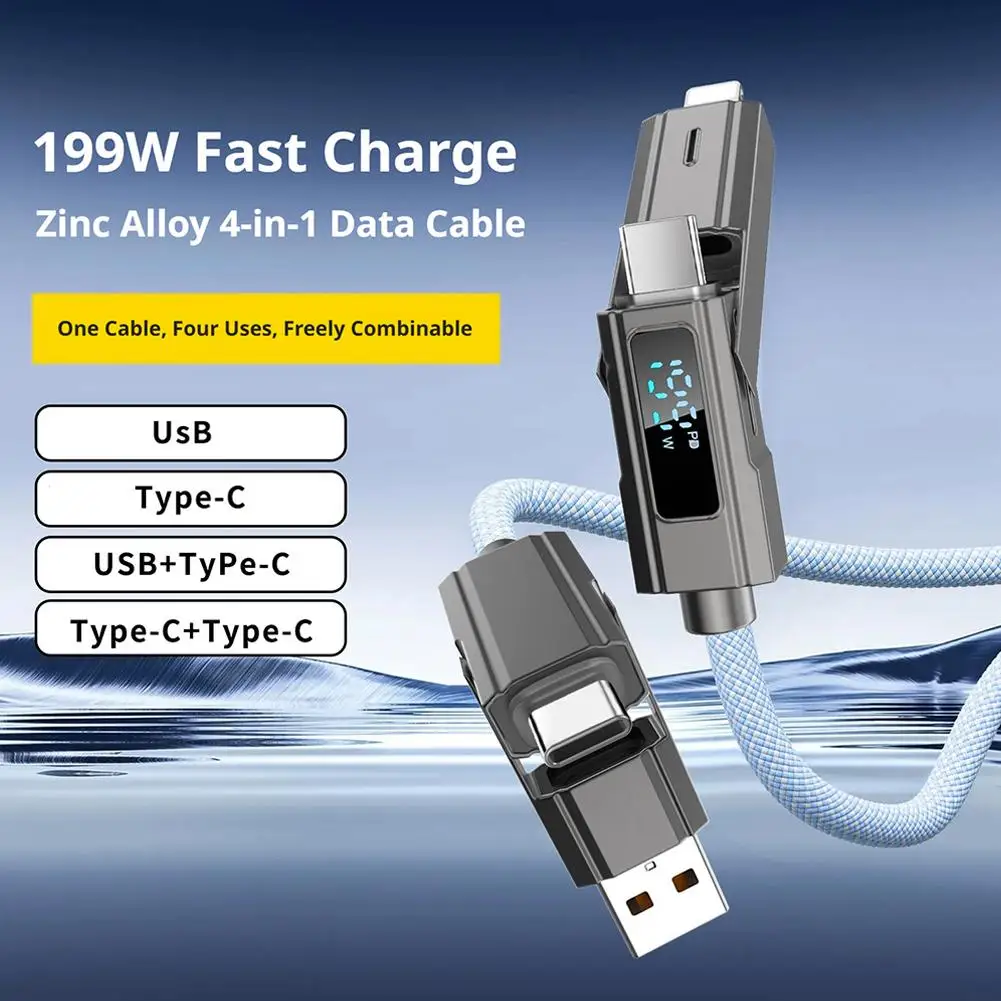 199W 4-in-1 Data Cable Super Fast Charging USB to Type-C USB C to Lighting With LED For Mobile Phone Charge Cable