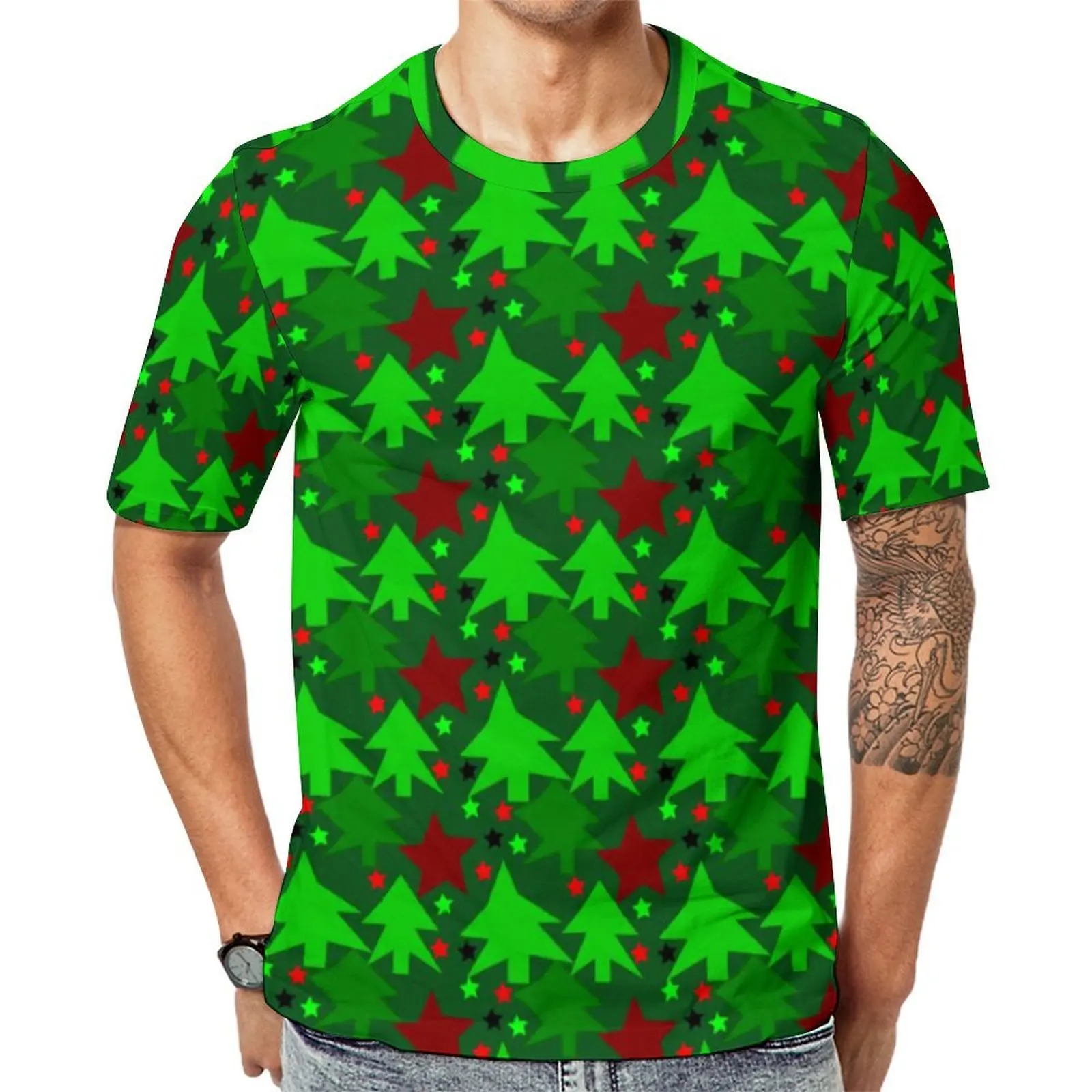 Oversized T-Shirt Original Green Christmas Tree T Shirts Red Stars Print Streetwear Crew Neck Tee Shirt Man Popular Graphic Tees