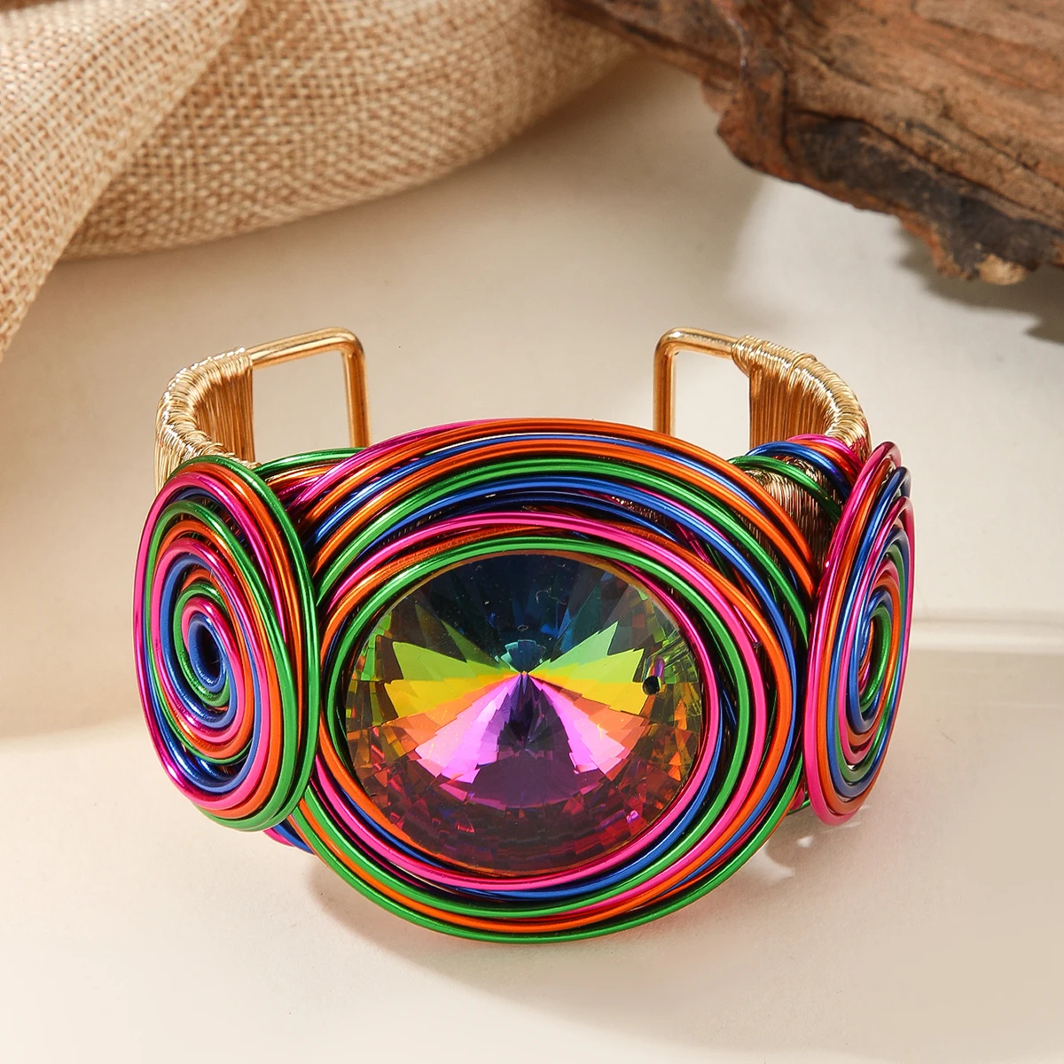 A colorful viral retro punk style niche design handmade wire-woven ring with exaggerated crystals, fashionable open style brushe