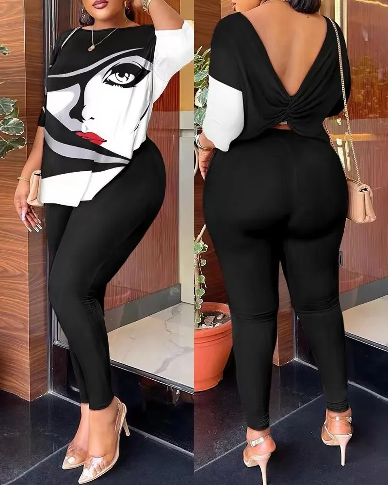

Fashion Printed Women's Set Long Sleeve Bowknot Backless T-shirt and Pants Street Two 2 Piece Sets Outfit Tracksuit