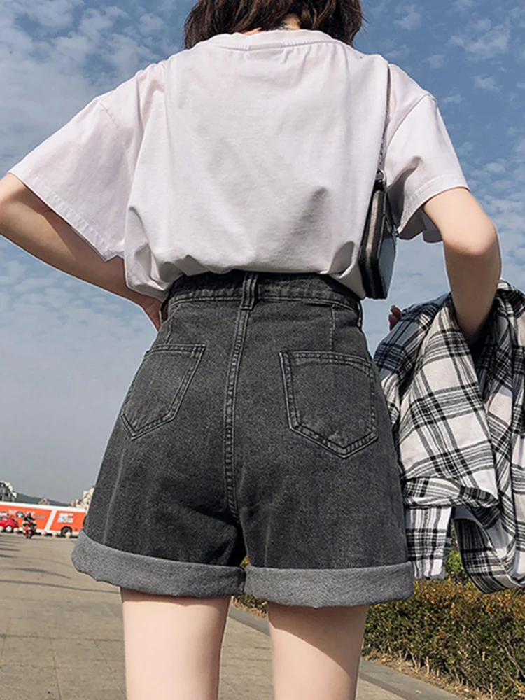 New Summer Women\'s Loose High Waist Button Wide Leg Jeans Sexy Shorts Casual Women\'s Loose Blue Denim Shorts Womens Shorts