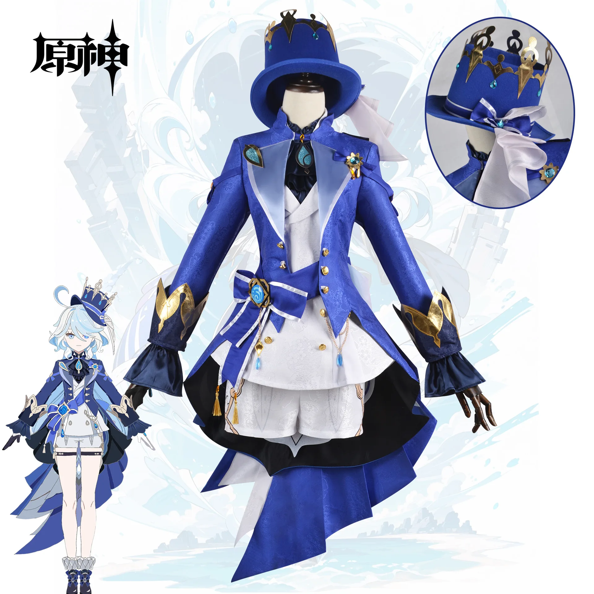 Anime Game Genshin Impact Focalors Cosplay Furina Hat Wig Hair Full Set Outfit Carnival Women's Outfit Dress Halloween Costume