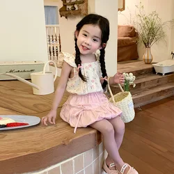 Girls' Short Skirt Set 2024 Summer Children's Wear Flower Shirt Butterfly Short Skirt Sweet Gentle Two Piece Set Girl Clothes