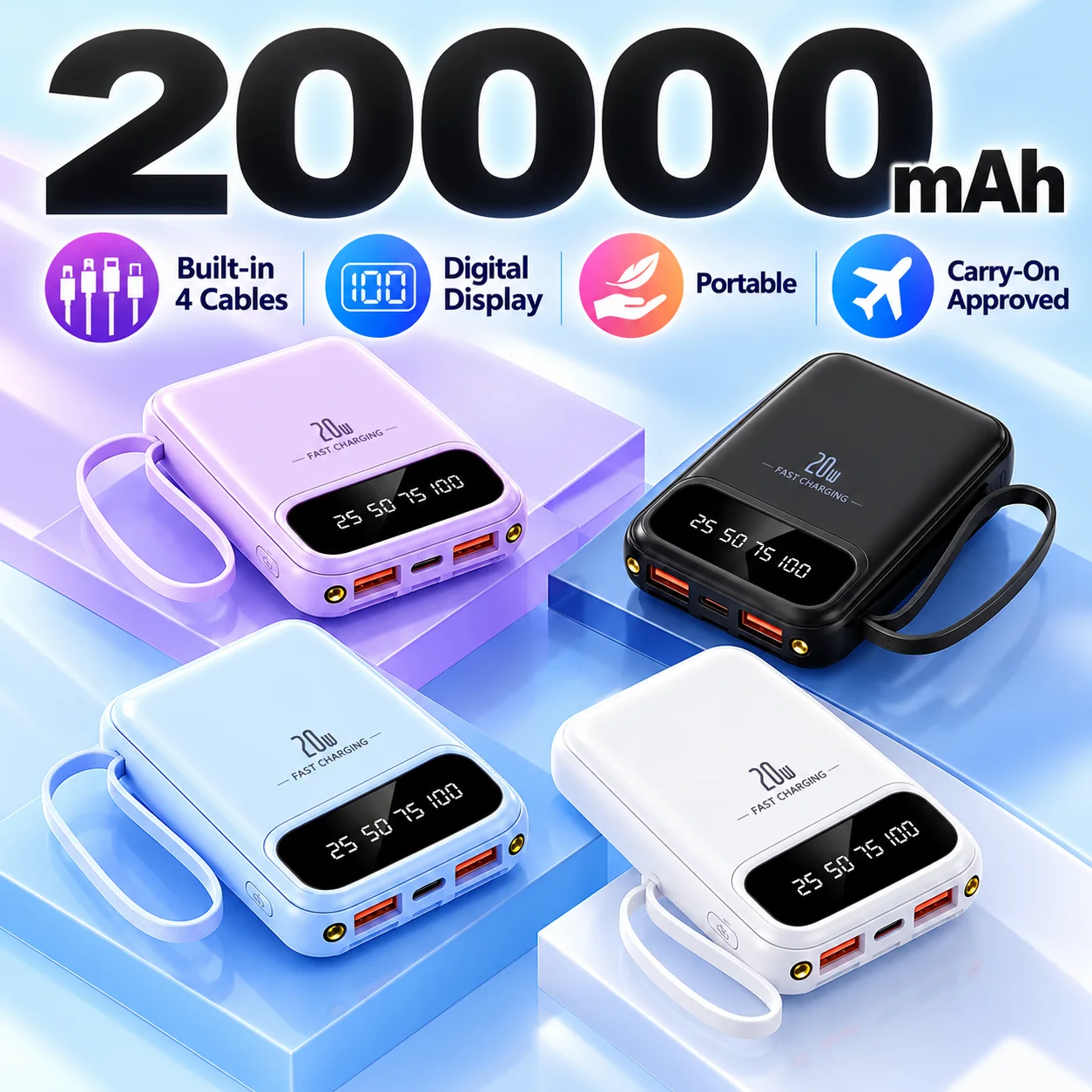 20000mAh Power Bank Compact Portable Self-contained Cable Large Capacity Backup Battery Mobile Power Supply For Phone