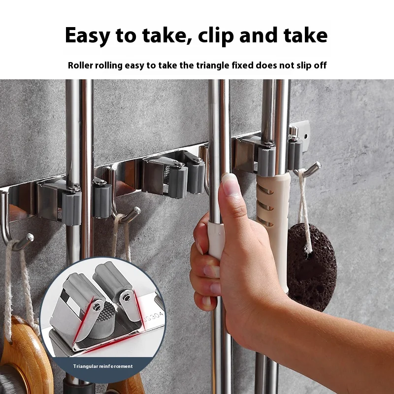 Wall-mounted mop holder 2/3/4 multi-function broom holder household kitchen storage mop holder stainless steel mop holder