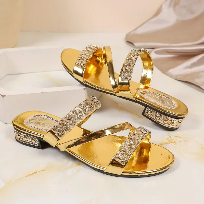 Women Sandals Summer Roman Sandals Metallic Gold Crystal Strappy Slides Low Block Heel Sexy Party Dress Ladies Footwear New