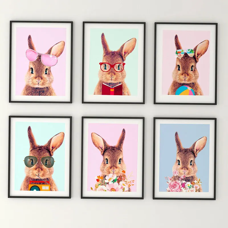 Rabbit Nursery Prints Safari Decor Woodland Bunny Poster Canvas Painting Wall Art Picture for Living Room Home Decor Modern Gift