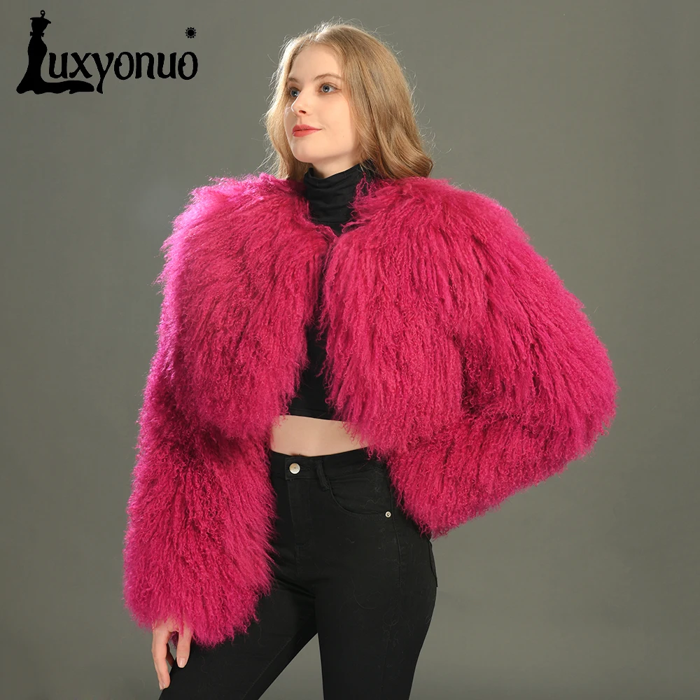 Luxyonuo Real Mongolian Sheep Fur Coat Women Ladies Fashion Short Style Solid Color Fluffy Fur Jacket Winter Warm Coats Female