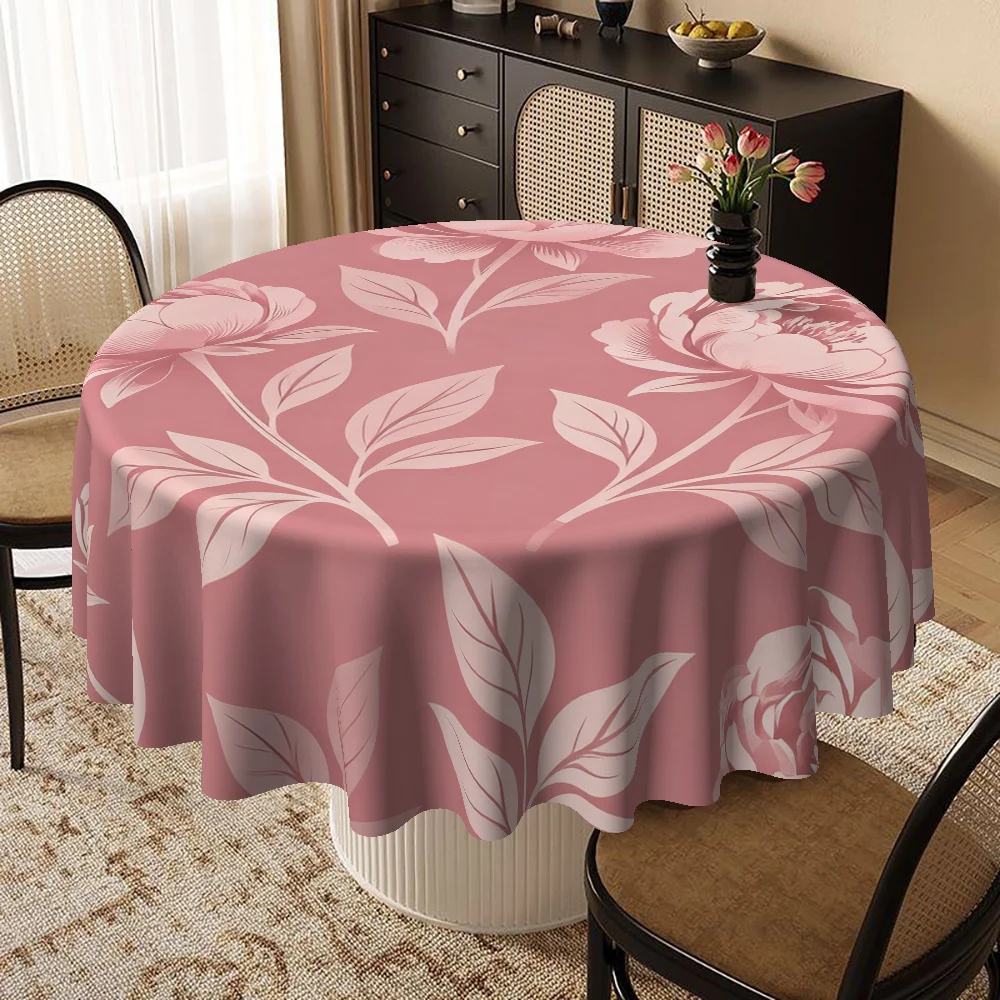Round table cover, with a design of pale pink flower peonies, made of polyester fiber material