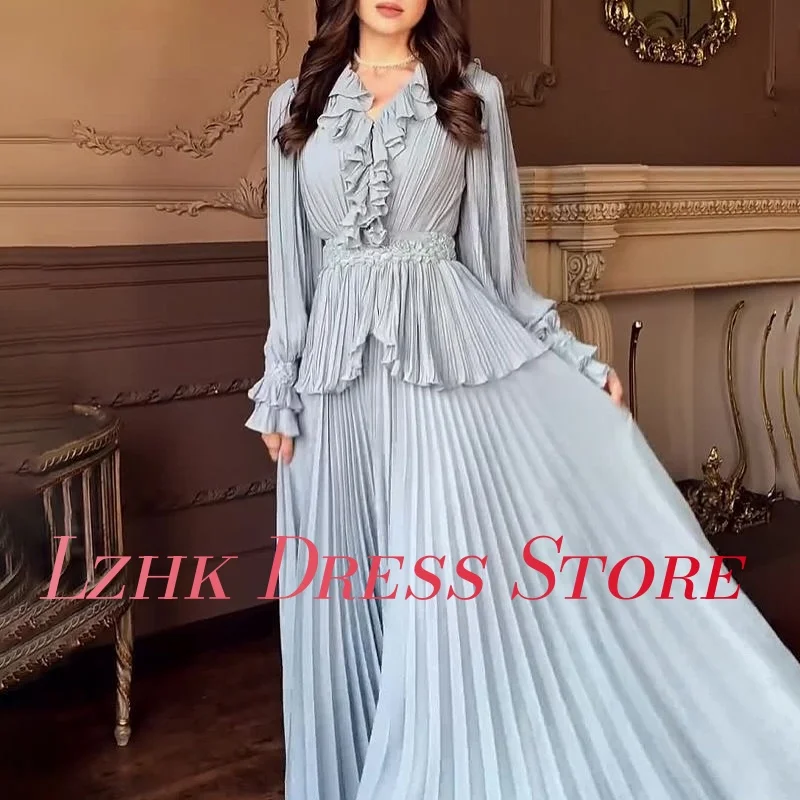 맞춤형 우아한 쉬폰 a 라인 프릴 진주 단추 아플리케 이브닝 드레스 고품질 긴 소매 연예인 가운