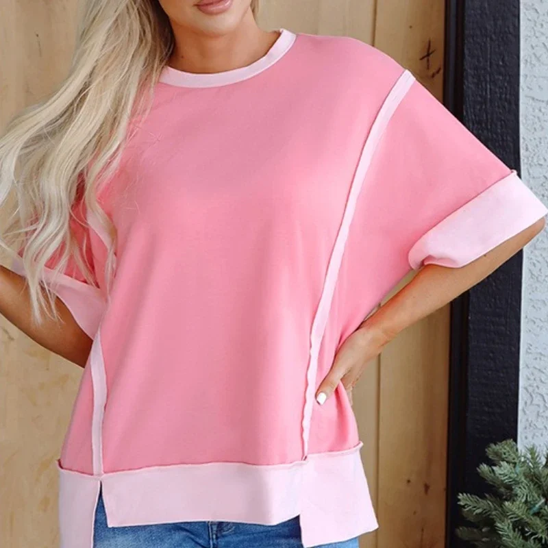 

2025 Summer Women Round Neck Short Sleeve T Shirt Loose Casual Color Block Slit Tee