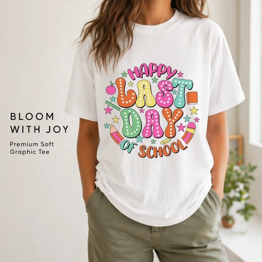 Happy Last Day of School Shirt Women 100% Cotton Colorful Graphic Tee Teacher Summer Break T Shirt Short Sleeve