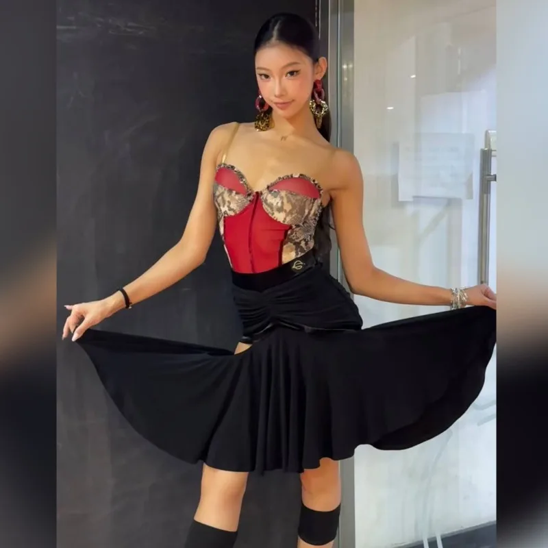 

customized Latin dance outfit new practice suit leopard print top hollowed out skirt