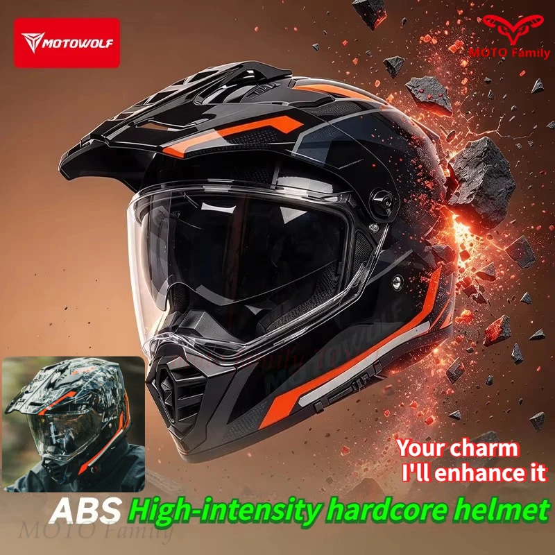 Motowolf Motorcycle Helmet Panoramic Wide-angle Lens Removable Brim Ventilation Double Lens Universal Off-road Full Helmet