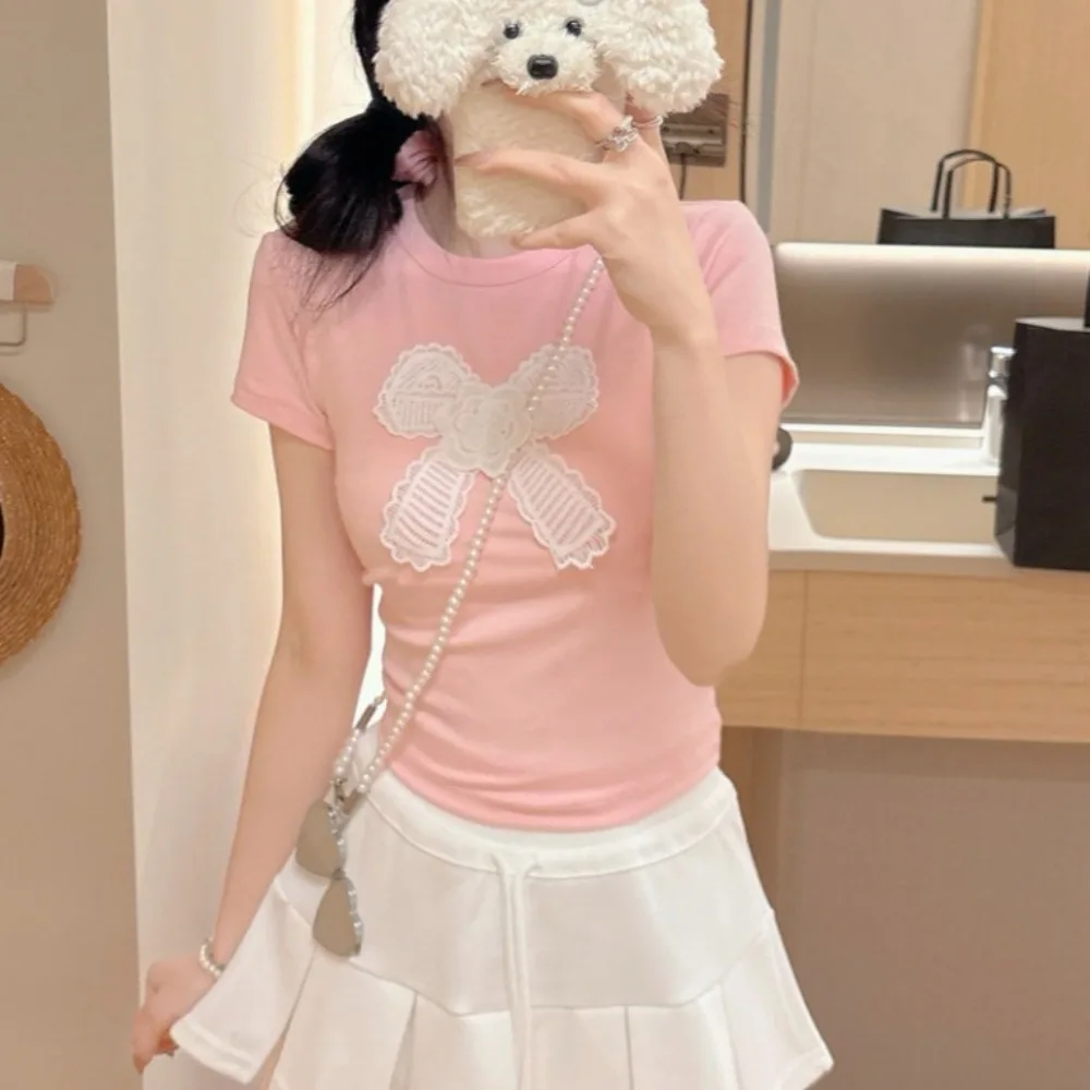 

Casual Top Cotton Korean Bow T-shirts Bowknot Embroidered Y2K Crop Tops Spicy Girl With Chest Pads Short Shoulder Tops Summer