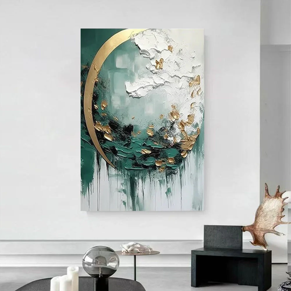 

100% hand drawn white green texture abstract oil painting original wall painting home living room decoration paint interior aest