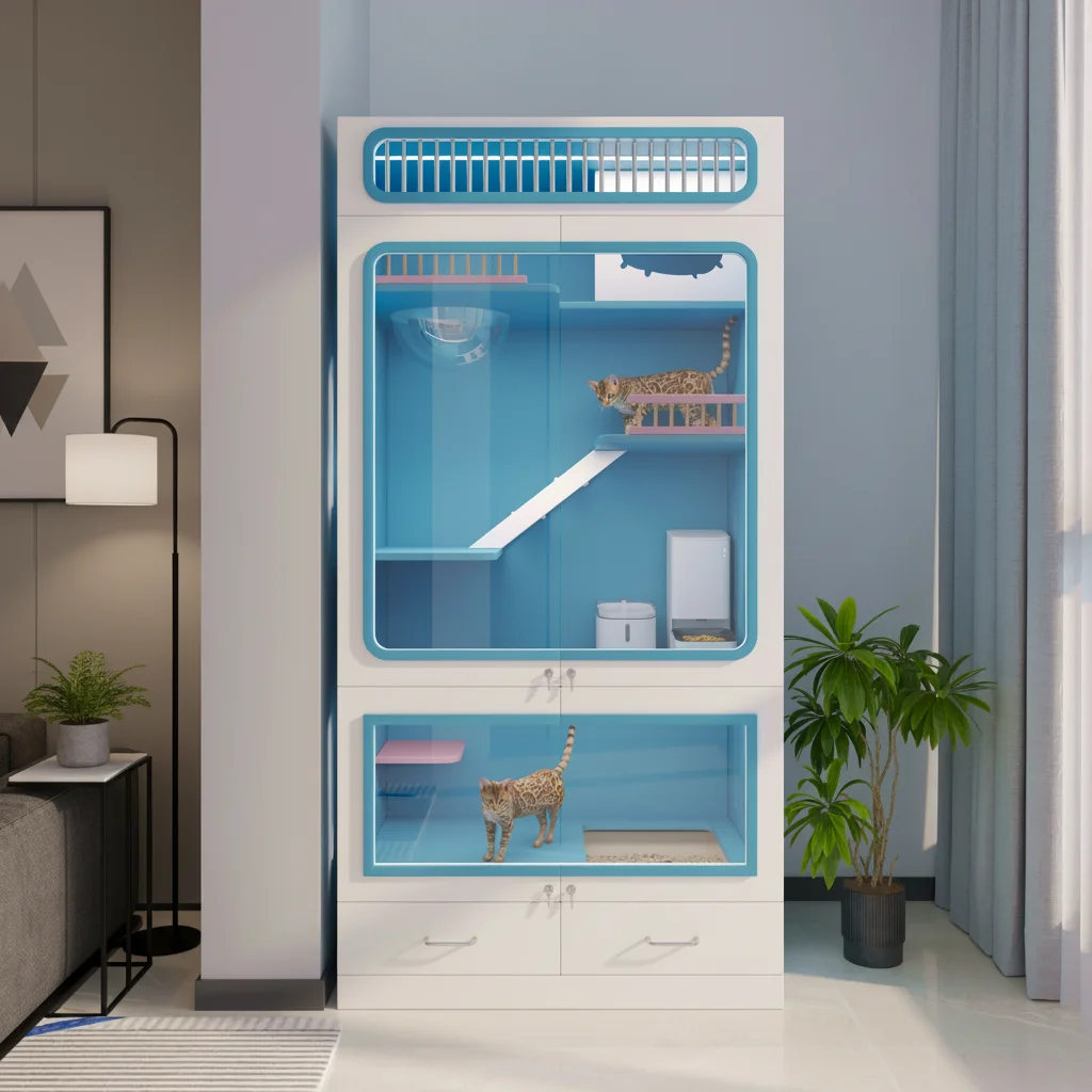 Indoor and Outdoor Luxury cat Villa with Glass Doors, Wooden Structure, cat Condo XXL, cat Tree, and Pet Hotel Cages